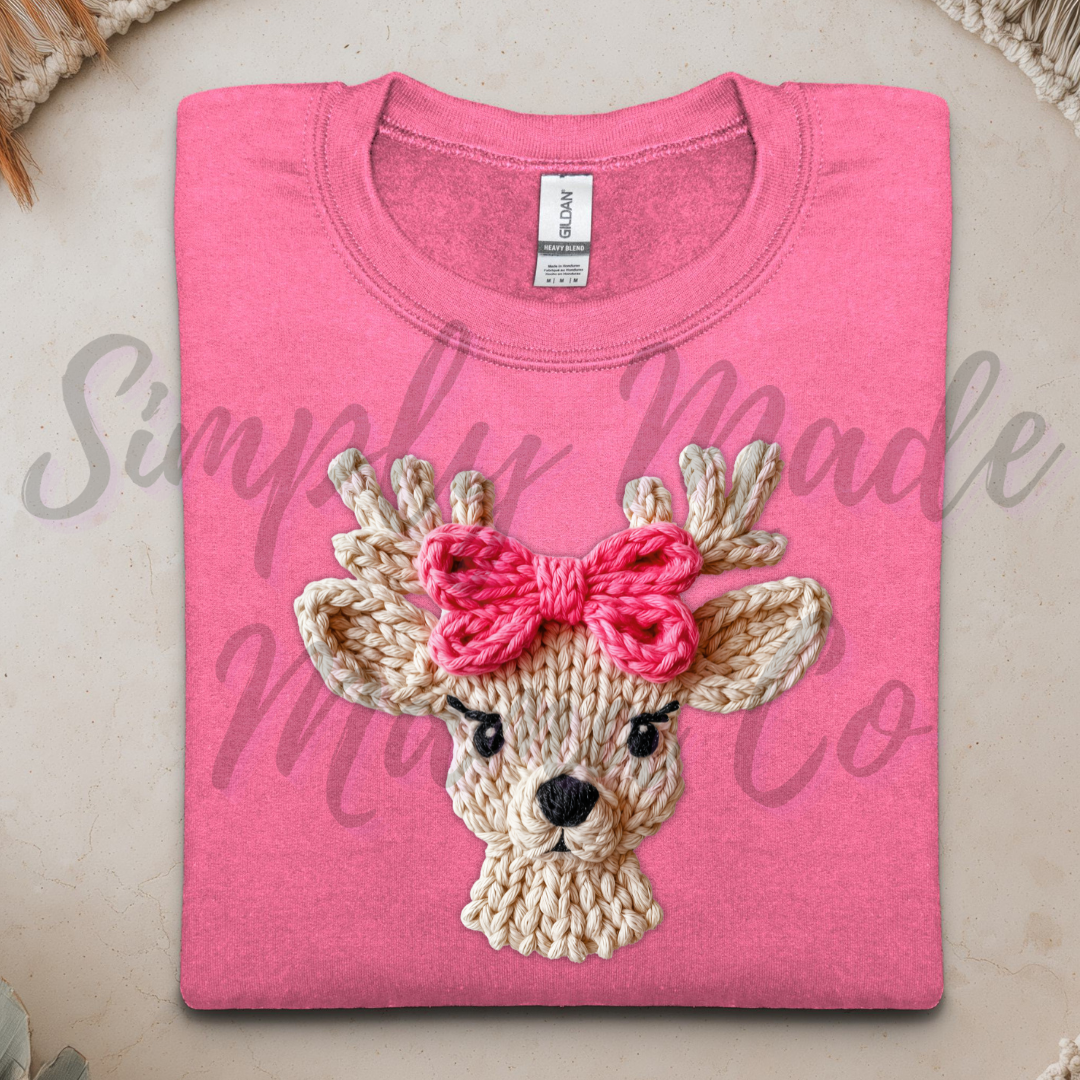 Faux Yarn Reindeer with Pink Bow Sweatshirt