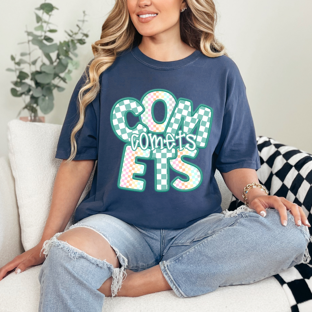Comets Checkered Block Letters (short sleeve, long sleeve, sweatshirt, hoodie)
