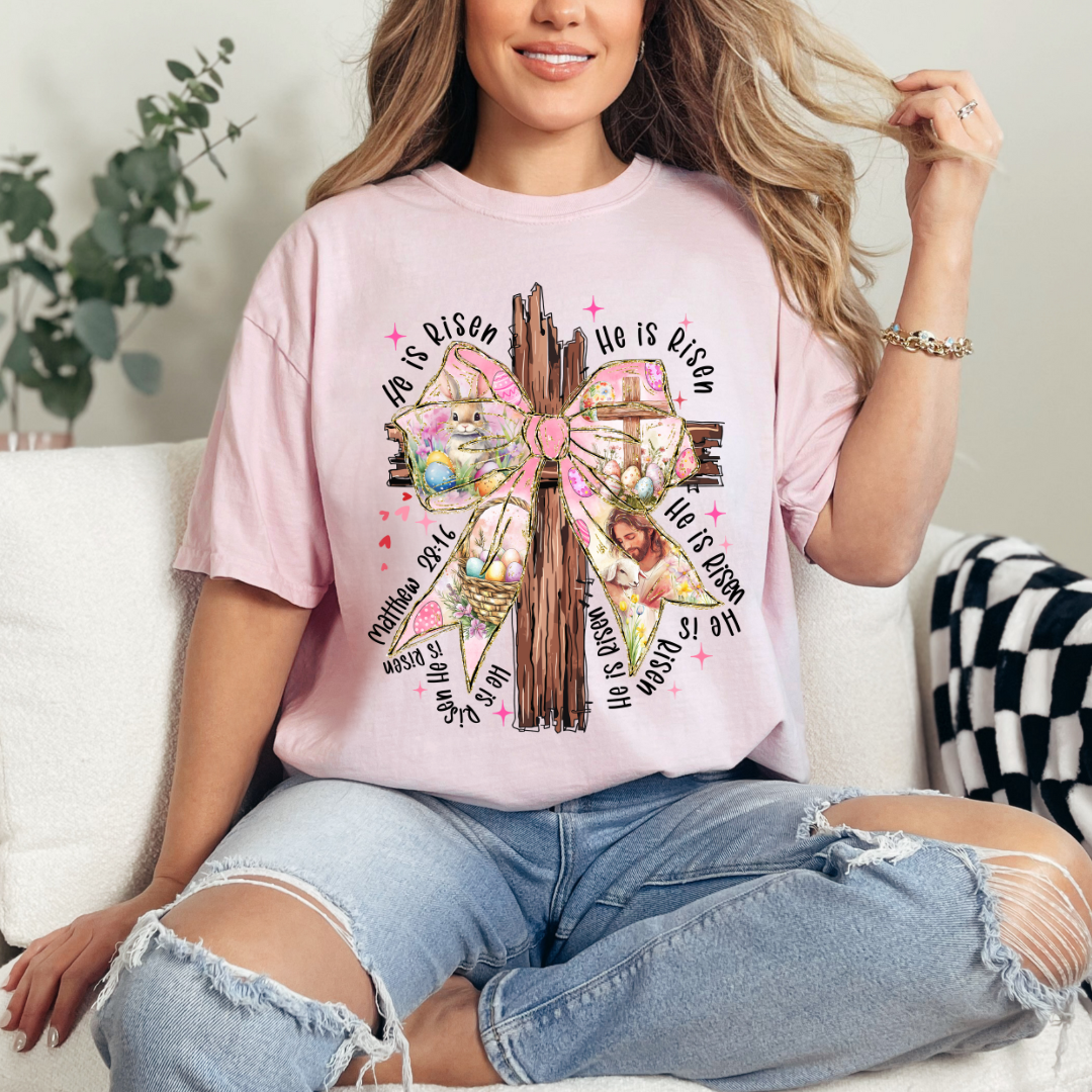 He is Risen Cross with Bow Comfort Color