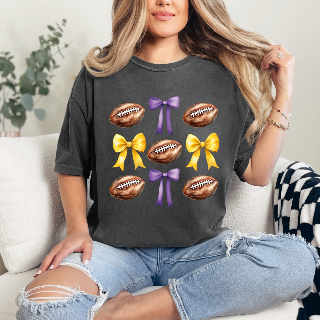 Purple and Gold Football and Bows (short sleeve, long sleeve, sweatshirt, hoodie)