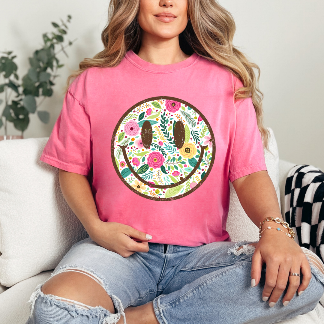 Pink Colorful Floral Smiley Face Shirt