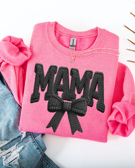 Mama Faux Yarn Black Bow Sweatshirt