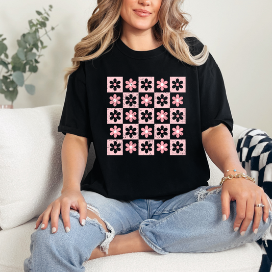 Pink and Black Checkered Floral Shirt