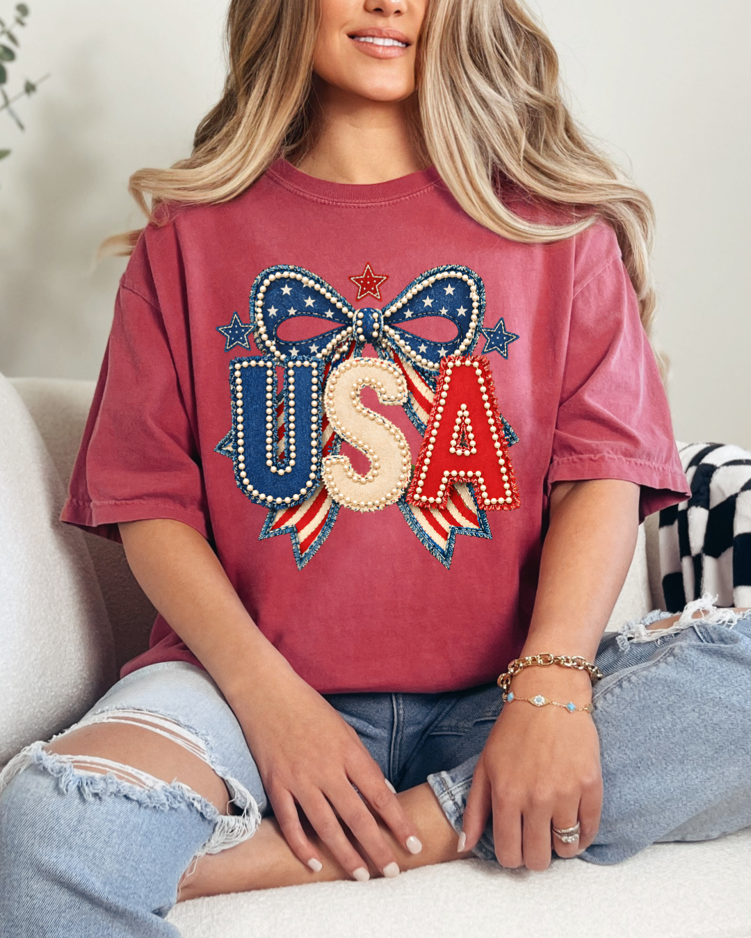 USA with Bow and Faux Pearls Comfort Color