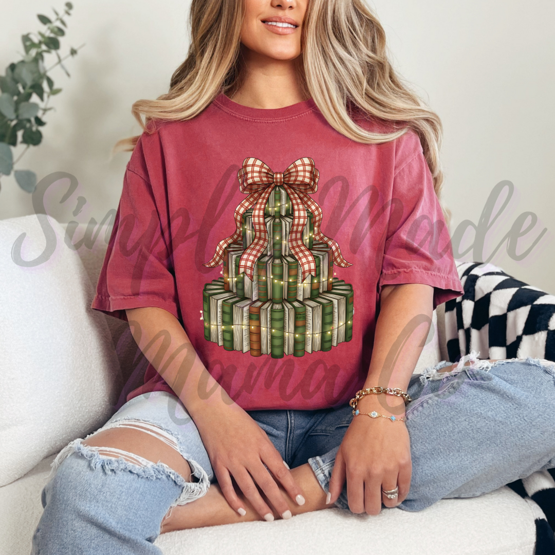 Book Christmas Tree with Bow Comfort Color Shirt