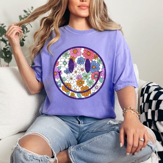 Purple Floral Smiley Face Shirt