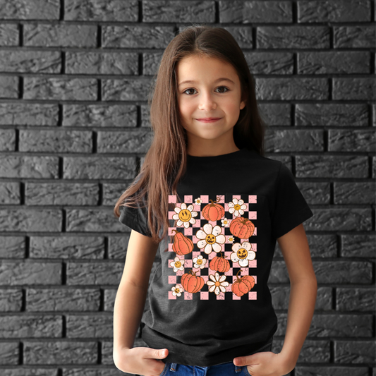 Checkered Pumpkin and Flowers Kid Shirt